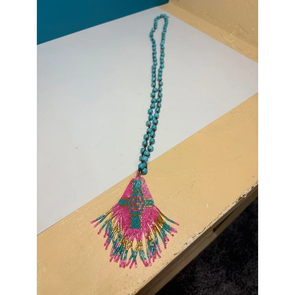 Glam Girl Turquoise Stone Beaded Necklace Pink Teal Seed Bead Fringe Pendant